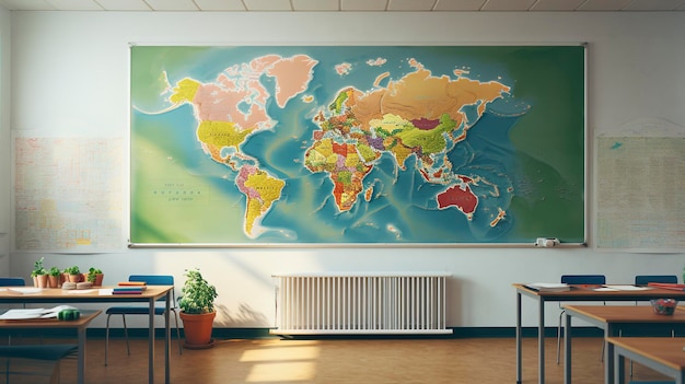 Mapa del mundo en una tabla de aula con luz solar que representa el concepto de educación de geografía