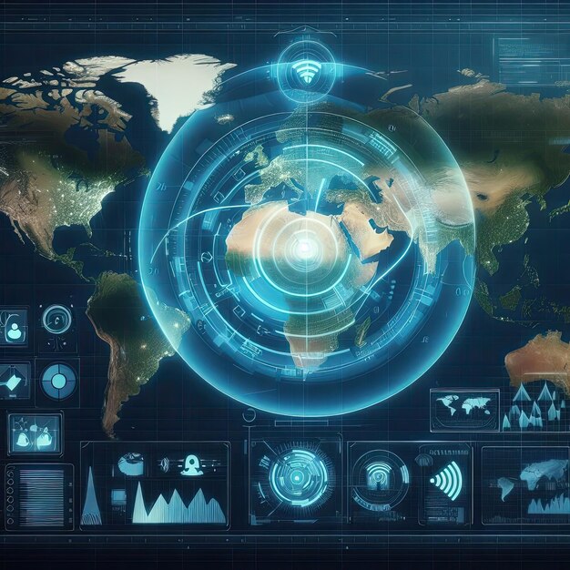 Mapa del mundo del terreno con concepto de interfaz de radar de comunicación