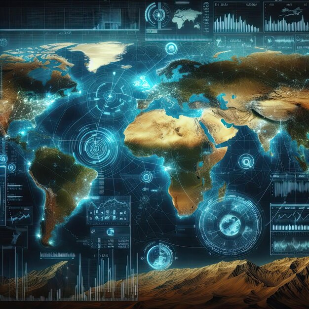 Mapa del mundo del terreno con concepto de interfaz de radar de comunicación