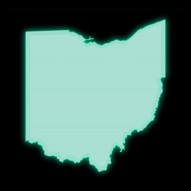 Mapa de Ohio, vieja pantalla de terminal de computadora verde, sobre fondo oscuro