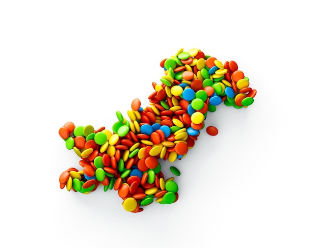 Mapa de Pakistán hecho con caramelos recubiertos de arco iris ilustración 3d