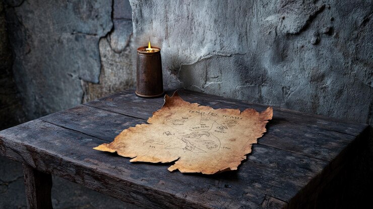 Un mapa de pergamino antiguo en una mesa de madera con una vela encendida en un entorno oscuro