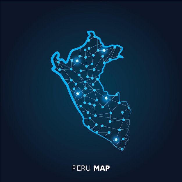 Mapa de Perú hecho con líneas conectadas y puntos brillantes