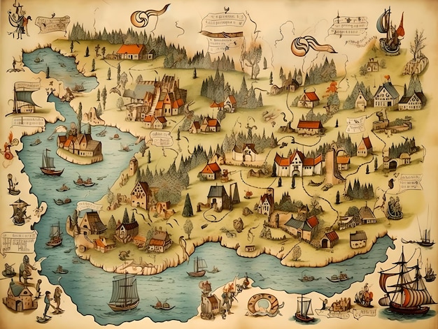 Mapa pirata con islas de barcos piratas y signos náuticos dibujando un antiguo mapa del tesoro para una aventura de fantasía épica medieval