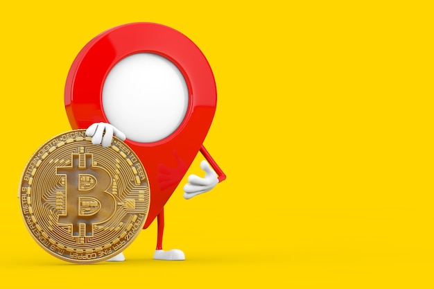 Mapa pointer pin character mascote com digital e criptomoeda golden bitcoin coin em um fundo amarelo. renderização 3d