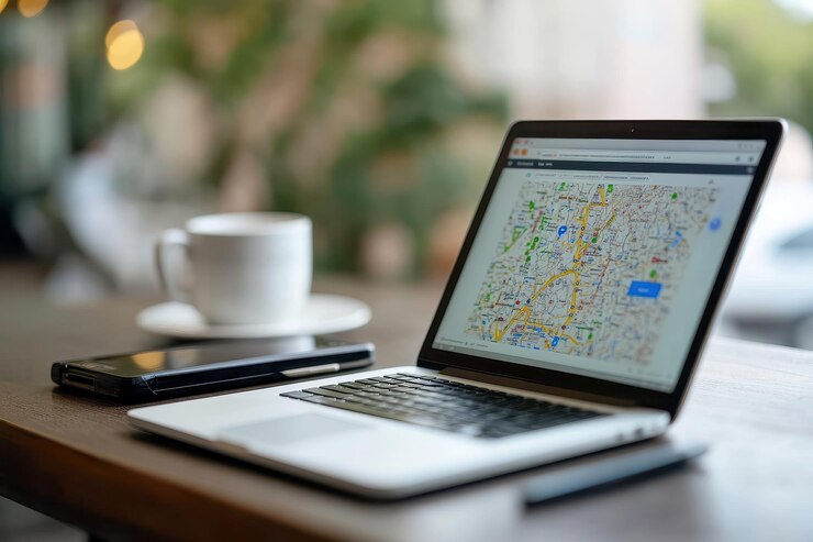 Foto mapa en portátil en seo local con estrategias de mapeo dirigidas para la optimización de la ubicación y la audiencia