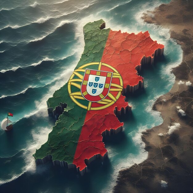 Mapa de Portugal con la bandera del país ondeando foto realista