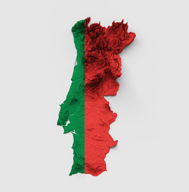 Mapa de Portugal Bandera de Portugal Relieve sombreado Mapa de altura de color sobre fondo blanco Ilustración 3d