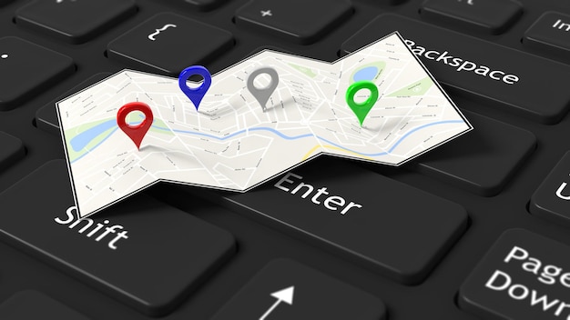 Mapa con punteros coloridos en teclado negro