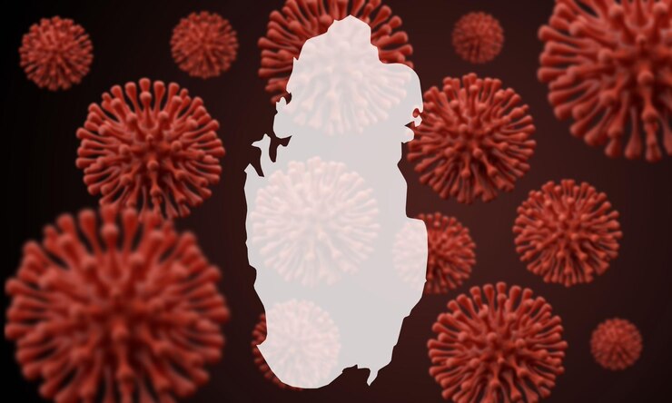 Foto mapa de qatar sobre una representación científica de fondo de microbios de virus d