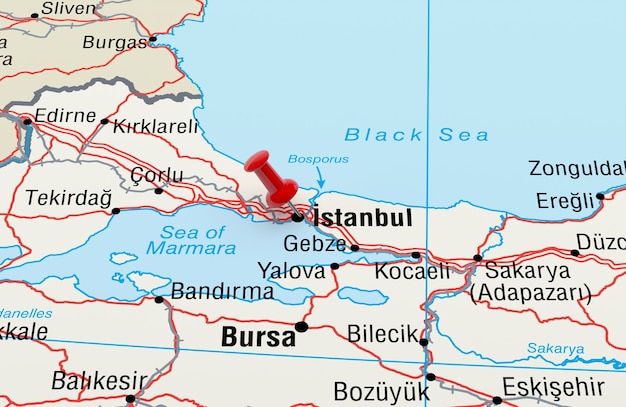 Mapa que muestra Estambul, Turquía, con un alfiler rojo. Representación 3D