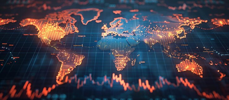 Mapa de la red global con continentes brillantes
