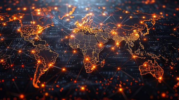 Mapa de la red global con nodos brillantes tema de conectividad digital