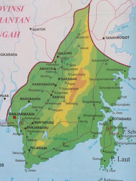 Mapa de la región de Kalimantan del Sur con la ciudad capital de la provincia de Banjarbaru en Indonesia