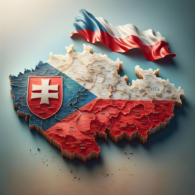 Mapa de la República Checa con la bandera del país ondeando foto realista
