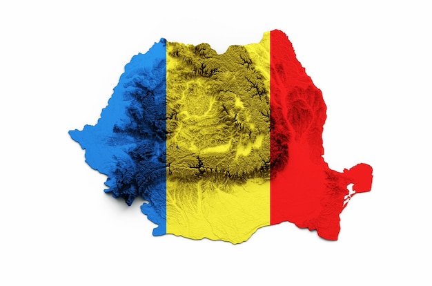 Mapa de Rumania Bandera Relieve sombreado Mapa de altura de color sobre fondo blanco Ilustración 3d