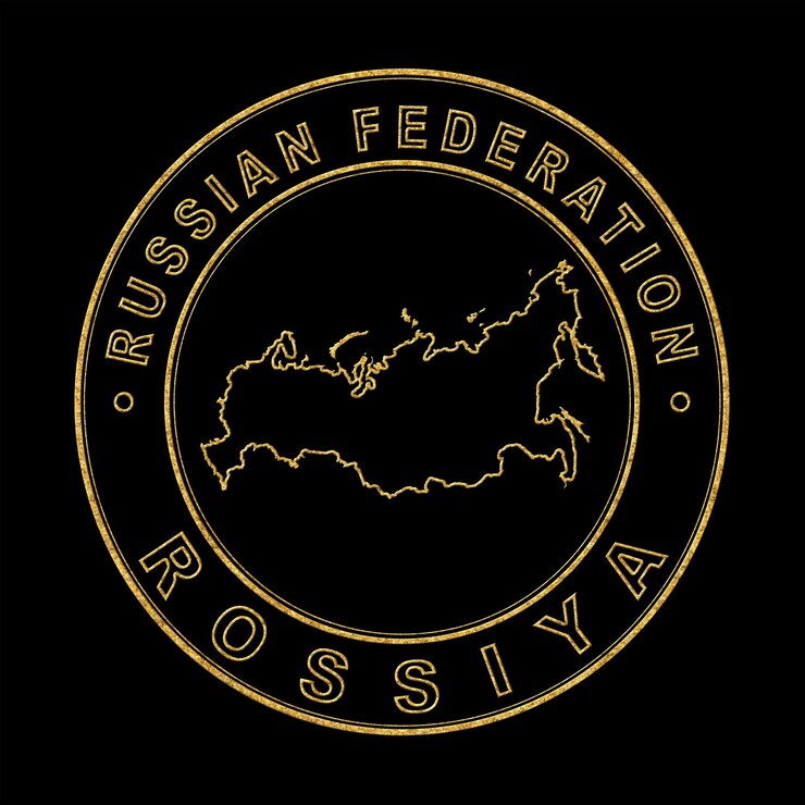 Foto mapa de rusia con sello dorado sobre fondo negro