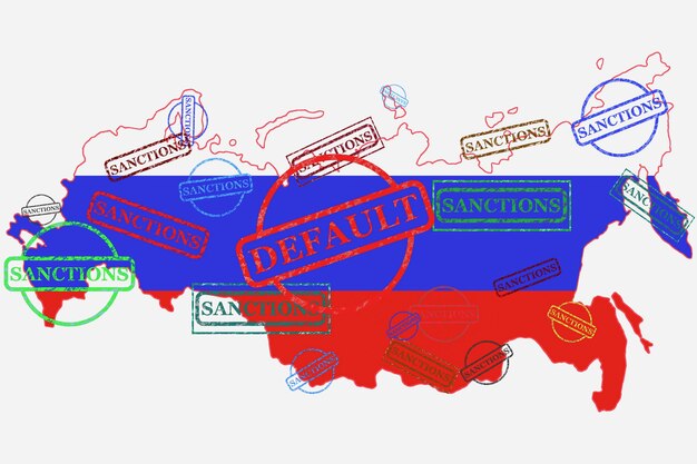 Mapa de Rusia y sello SANCCIONES y DEFAULT Cartel de ilustración política y económica