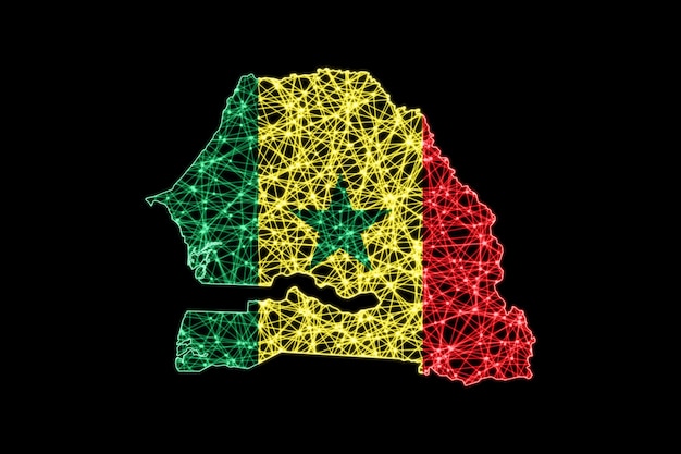 Mapa de Senegal, mapa de líneas de malla poligonal, mapa de banderas