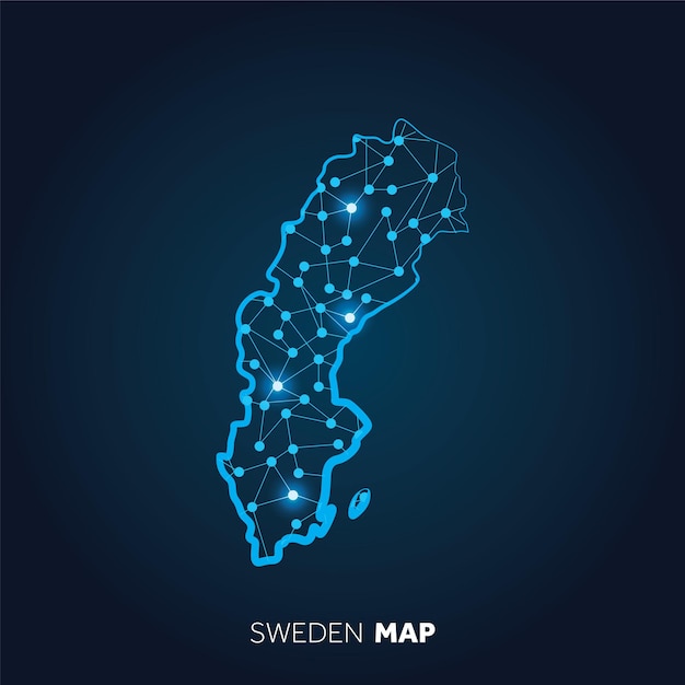 Mapa de Suecia hecho con líneas conectadas y puntos brillantes