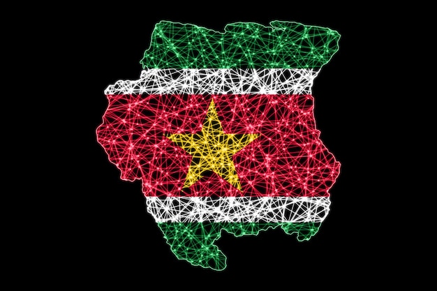 Mapa de Surinam, mapa de línea de malla poligonal, mapa de bandera