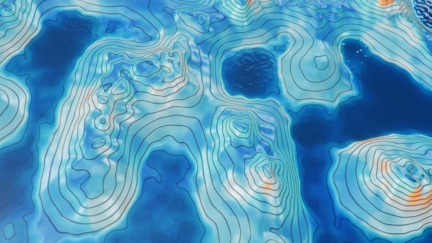 Mapa topográfico 3D con agua. Líneas de contorno en un mapa topográfico
