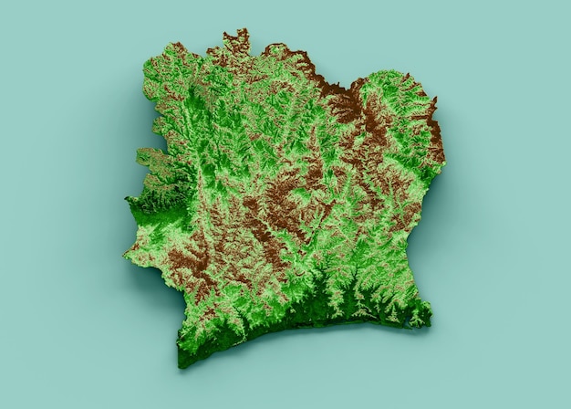 Mapa topográfico de Costa de Marfil Mapa realista en 3d Ilustración en color 3d