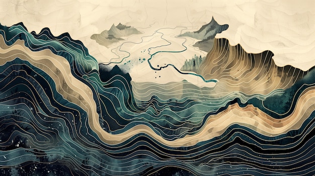 Un mapa topográfico con líneas negras en negrita formas orgánicas y elementos suaves de acuarela