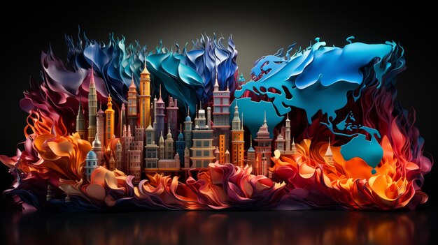 Foto mapa tridimensional colorido do mundo retratado através de gráficos abstratos