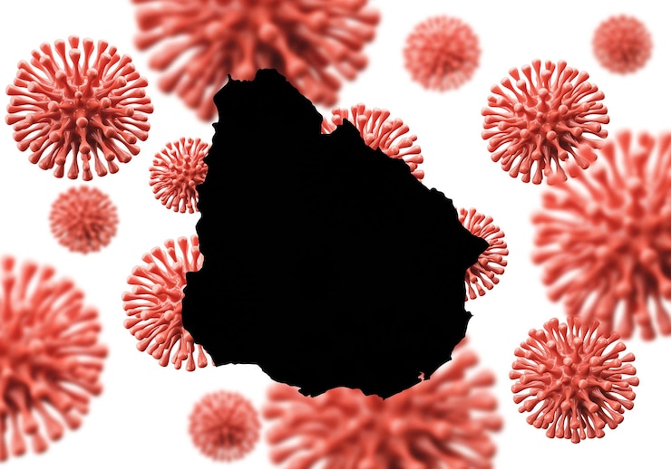 Foto mapa de uruguay sobre un fondo de microbio de virus científico d representación