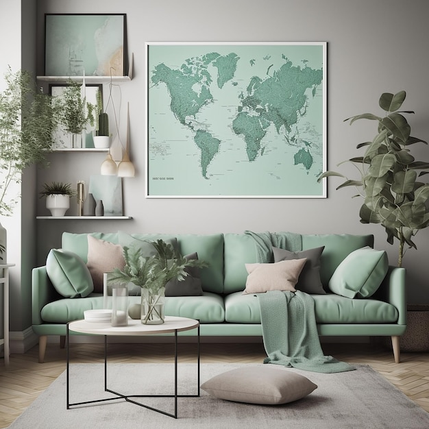 Un mapa verde del mundo cuelga de una pared.