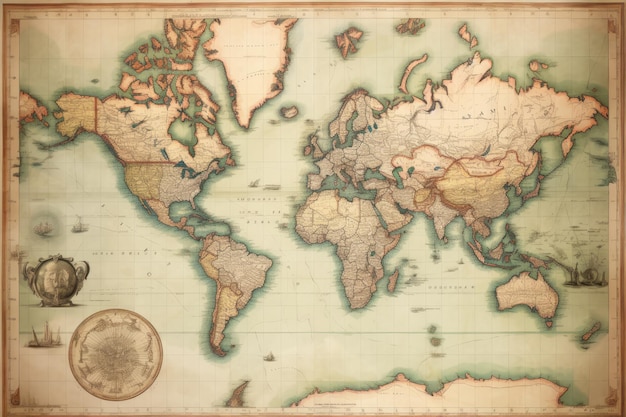 Mapa vintage do mundo em papel velho Sepia tonificado Antigo Mapa do Mundo Antigo em Mercators Projeção AI Gerado