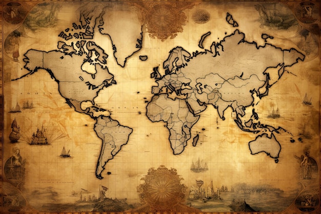 Mapa vintage do mundo no fundo de papel velho Sepia tom AI Gerado