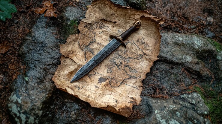 Un mapa vintage extendido a través de una superficie de piedra desgastada con una daga en la parte superior su hoja puntiaguda perforando el centro del mapa como si marcara un tesoro