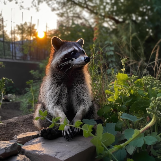 Mapache al amanecer contra el fondo de hierba verde generativa ai