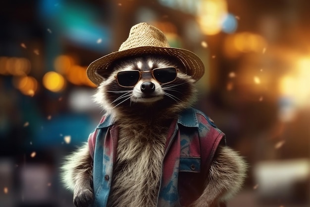Un mapache amante de la diversión con gafas de sol y un elegante sombrero que se muestra como un modelo genial generado por IA