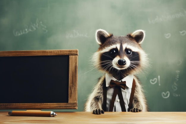 un mapache en el aula se sienta cerca de la junta escolar