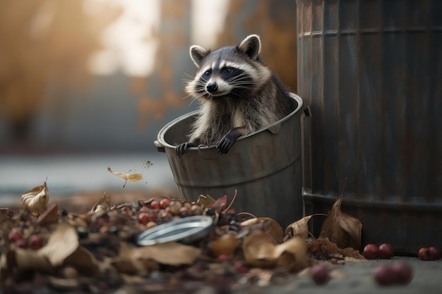 Foto mapache en bote de basura se asoma con la boca abierta otoño generado por ia