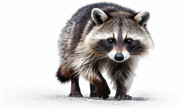 Un mapache caminando sobre un fondo blanco.