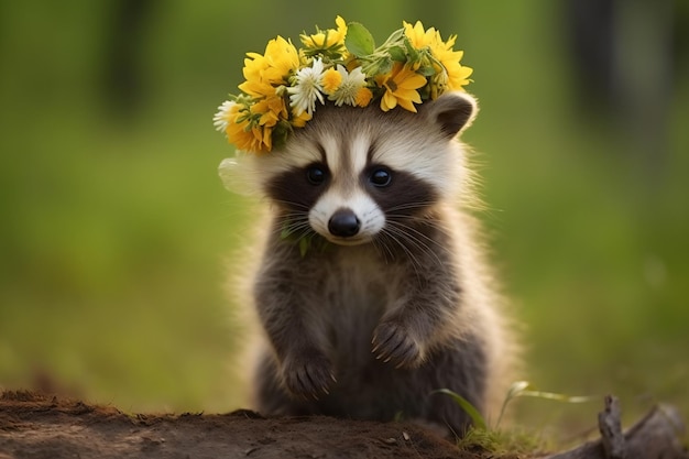 un mapache con una corona de flores en la cabeza