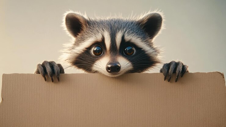 Un mapache curioso espiando detrás de un cartel