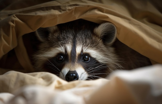 Un mapache se esconde en una cama.