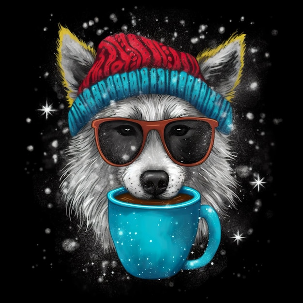 Un mapache con gafas de sol y un gorro tejido sosteniendo una taza de café imagen generativa de ai