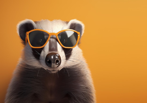 Un mapache con gafas de sol sobre un fondo amarillo.