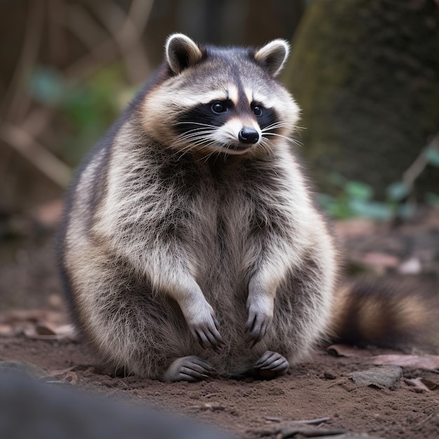 Un mapache gordo sentado en el suelo en el bosque.