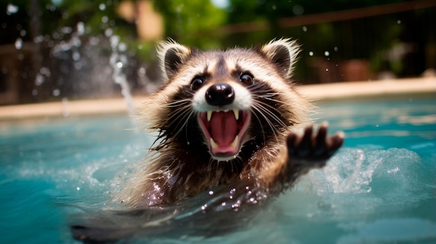 un mapache lindo está nadando en el agua