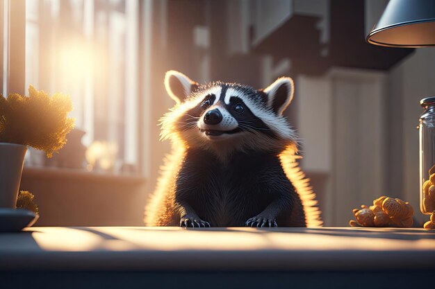 un mapache muy alegre en la cocina bokeh ai generativo