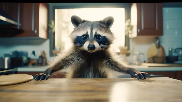 un mapache muy alegre en la cocina.