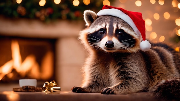 Un mapache de Navidad se sienta en un sombrero rojo al lado de un árbol y galletas