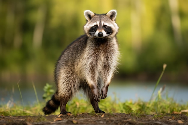 un mapache parado sobre sus patas traseras